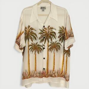 Avanti Silk Hawaiian Shirt Palm Tree Ivory Cream Tropical Resort Cruise Mens L